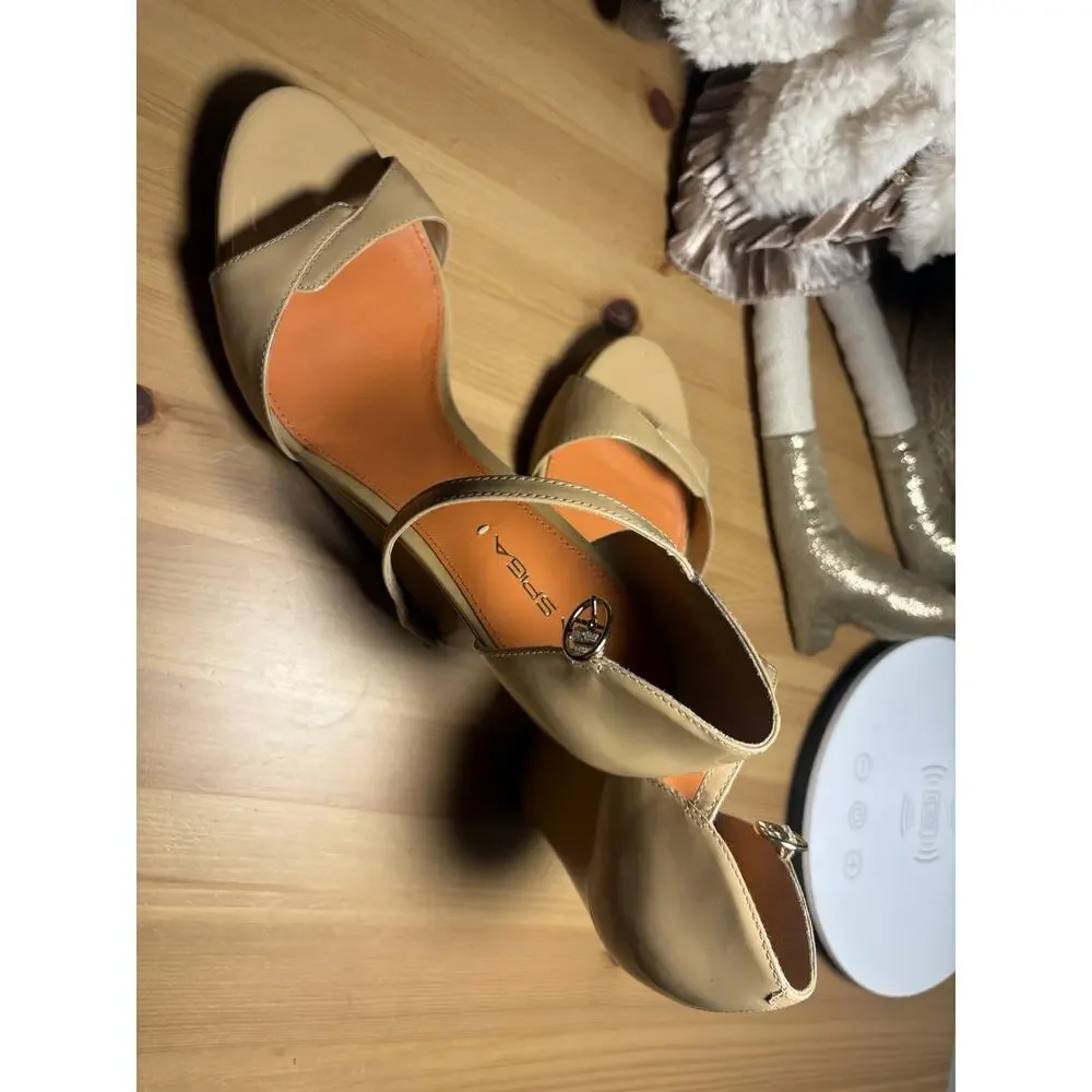 NWOT Via Spiga Women’s Beige Leather Strappy Ankle Strap Wedge Sandals 9.5M